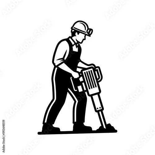 Construction worker operating a jackhammer on a white background.