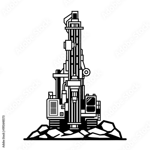 Oil Rig Drilling Equipment Vector Illustration on Rocky Terrain.