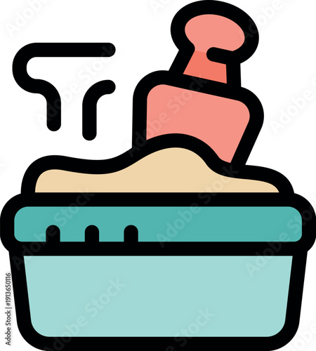 Cat litter box with scoop and steam cleaning, simple and colorful vector illustration