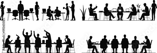 Silhouettes of people in various business meeting and office scenarios vector illustration