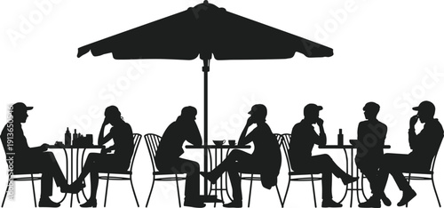 People sitting at tables under umbrella at outdoor cafe silhouette vector