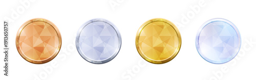 内部に幾何学的なダイヤモンドカットと多角形ファセットの透かし表現を施した、金属フレーム付き高級メダルバッジセット｜アンバーオレンジ、プラチナシルバー、イエローゴールド、プリズムブルーの4色