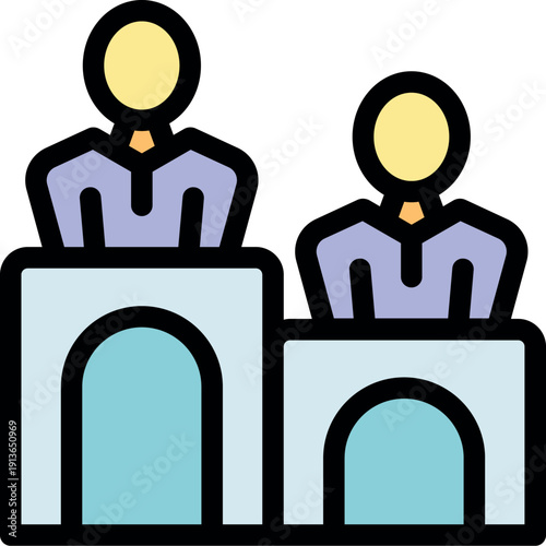 Two politicians standing on podium giving a speech during political campaign