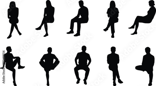 Collection of ten diverse human silhouettes seated in various relaxed poses Keywords: people, silhouette, sitting, pose