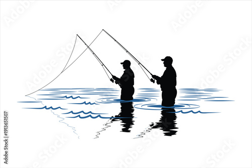 two silhouetted anglers casting fishing rods into a calm water body