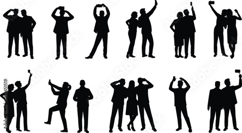 Black silhouettes of people taking selfies with smartphones and selfie sticks on white background mobile phone