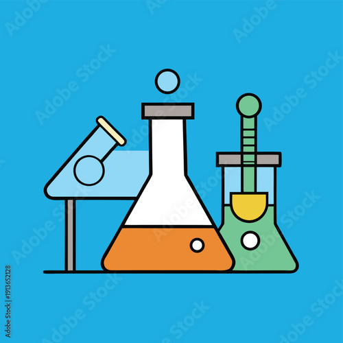 Laboratory glassware collection with flasks and test tubes for scientific research chemistry