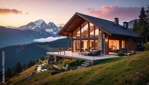 Luxurious cabin nestled high in mountains during sunset, overlooking vast landscape