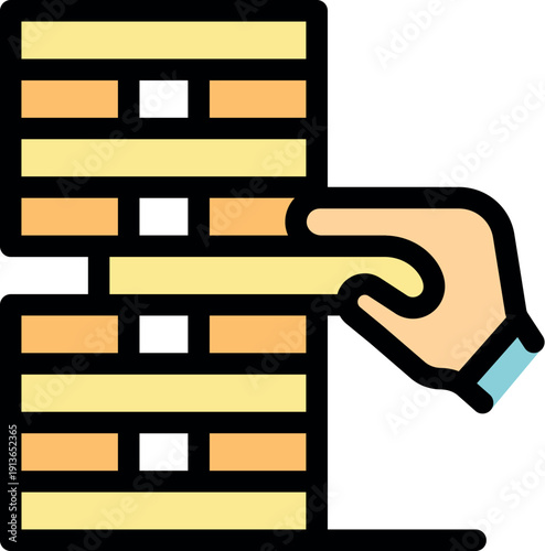 Hand strategically removing block from a jenga tower