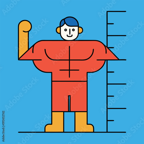 Strong bodybuilder character flexing arm showing muscle progress on height scale background