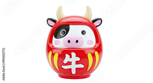 Red Daruma Doll with Ox Face and Kanji Symbol