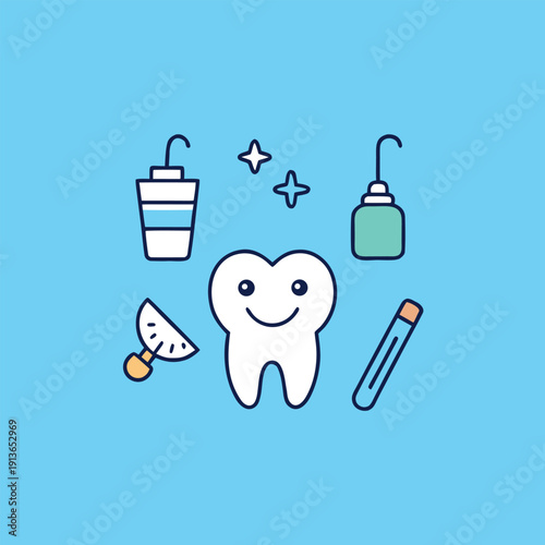 Clean tooth vector illustration with dental hygiene items, showing importance of oral health