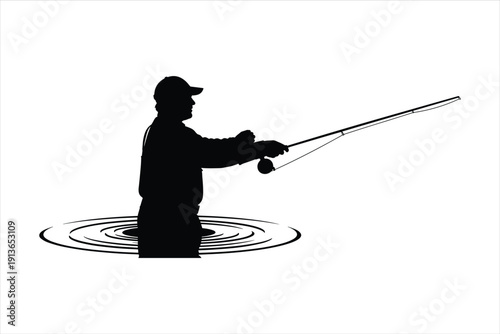 silhouetted anglers casting fishing rods into a calm water body