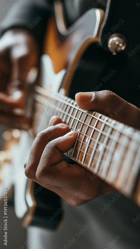 Fototapeta premium A guitarist's slender hands press strings, crafting captivating melodies in a serene space Generative AI