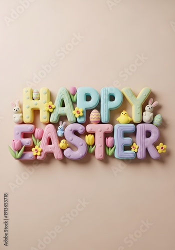 Colorful 3D Happy Easter sign with pastel letters, flowers, and eggs on a soft beige background.