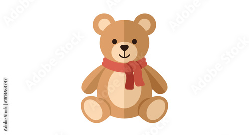 A sweet brown teddy bear wearing a festive red scarf sits calmly on a clean white background.