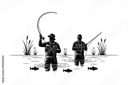 two silhouetted anglers casting fishing rods into a calm water body