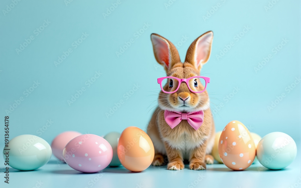 Fototapeta premium Ginger rabbit wearing pink glasses and a pink bow on a blue background among colorful Easter eggs.