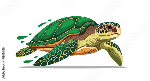 A dynamically illustrated green sea turtle swimming quickly with splashes of water trailing behind it on a pristine white background.