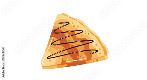 A triangular folded light brown crepe pancake drizzled with dark chocolate sauce on top, presented on a white background.