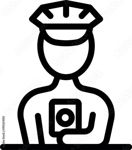 Policeman using a portable radio communication device, simple black and white icon