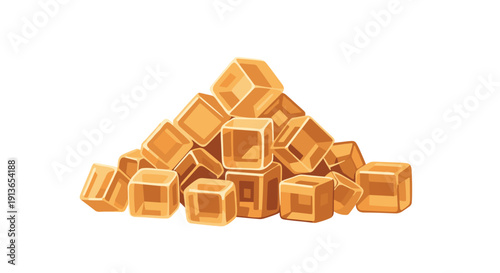 A large scattered pile of shiny golden-brown caramel candy cubes stacked together forming a small peak on a clean white background.