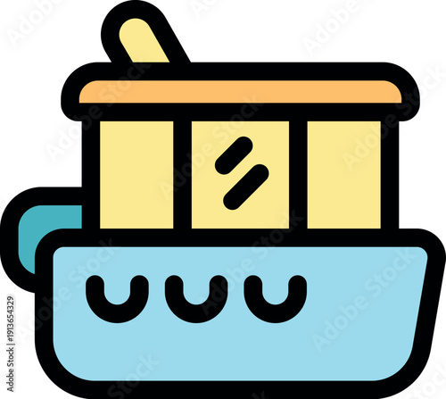 Colorful icon of a passenger ferry boat sailing on water, featuring clear windows and an open roof deck
