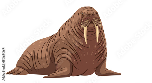 A large, detailed walrus with textured brown skin, prominent tusks, and whiskers, sitting on a white background.