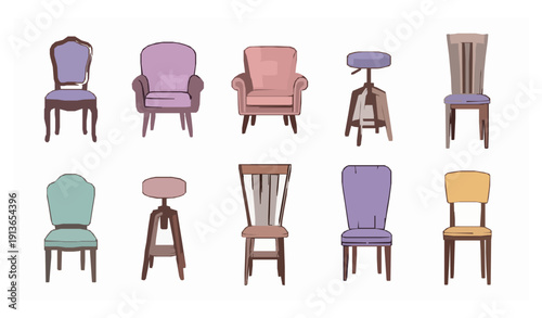Cartoon chair vector collection with antique armchairs stools and colorful home seating isolated on white background