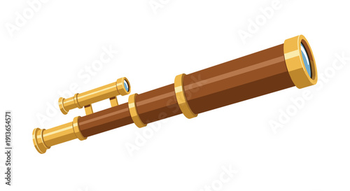 Brown and gold vintage telescope with a secondary smaller scope attached, angled upwards.