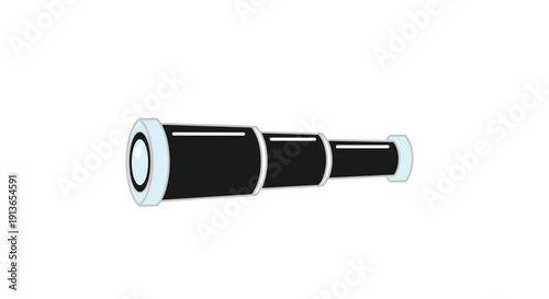 Simple black telescope with white rings and lens casing, extended horizontally.
