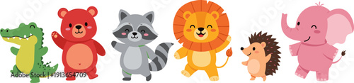 Cute cartoon wild animals collection, crocodile bear raccoon lion hedgehog elephant characters isolated on white background, nursery illustration for kids design