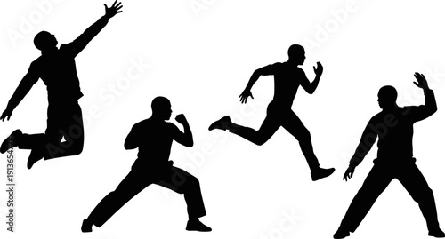 Dynamic male silhouette collection, athletic men jumping running fighting poses, black isolated action figures on white background for fitness and sport design
