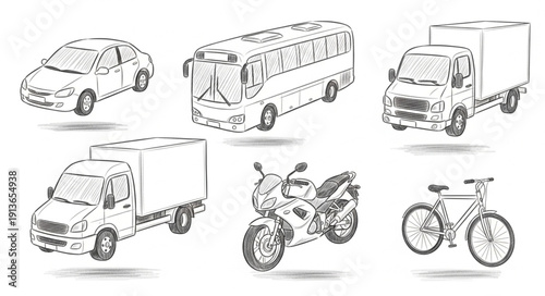 Collection of hand drawn vehicle illustrations in sketch style.