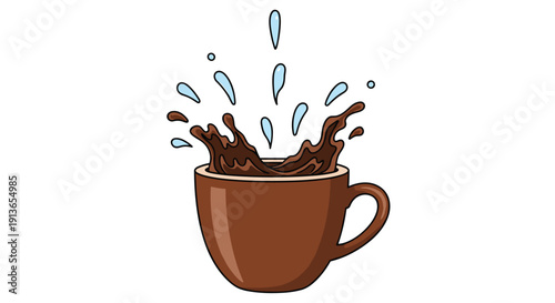 A vibrant cartoon illustration of a brown coffee mug with dark liquid splashing out, accompanied by blue water drops.