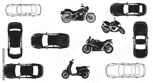 Collection of hand drawn vehicles including cars motorcycles and scooter.