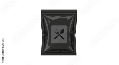 A dark, flexible black stand-up pouch with a printed white fork and spoon icon on the front against a white background.