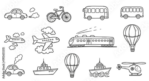 Collection of hand drawn transportation vehicles and modes of travel.