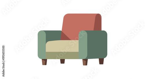 A stylish armchair featuring muted pink, green, and beige colors is positioned against a clean white background.