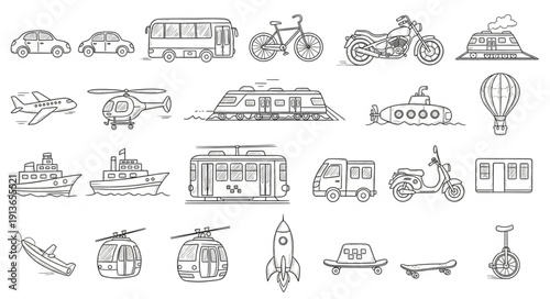 Collection of Hand Drawn Transportation Vehicles and Modes of Travel.