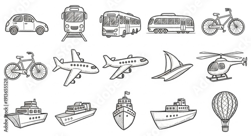 Collection of hand drawn transportation vehicles and modes of travel.