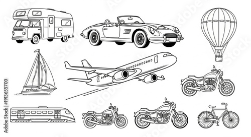Collection of Hand Drawn Transportation Vehicles and Modes of Travel.