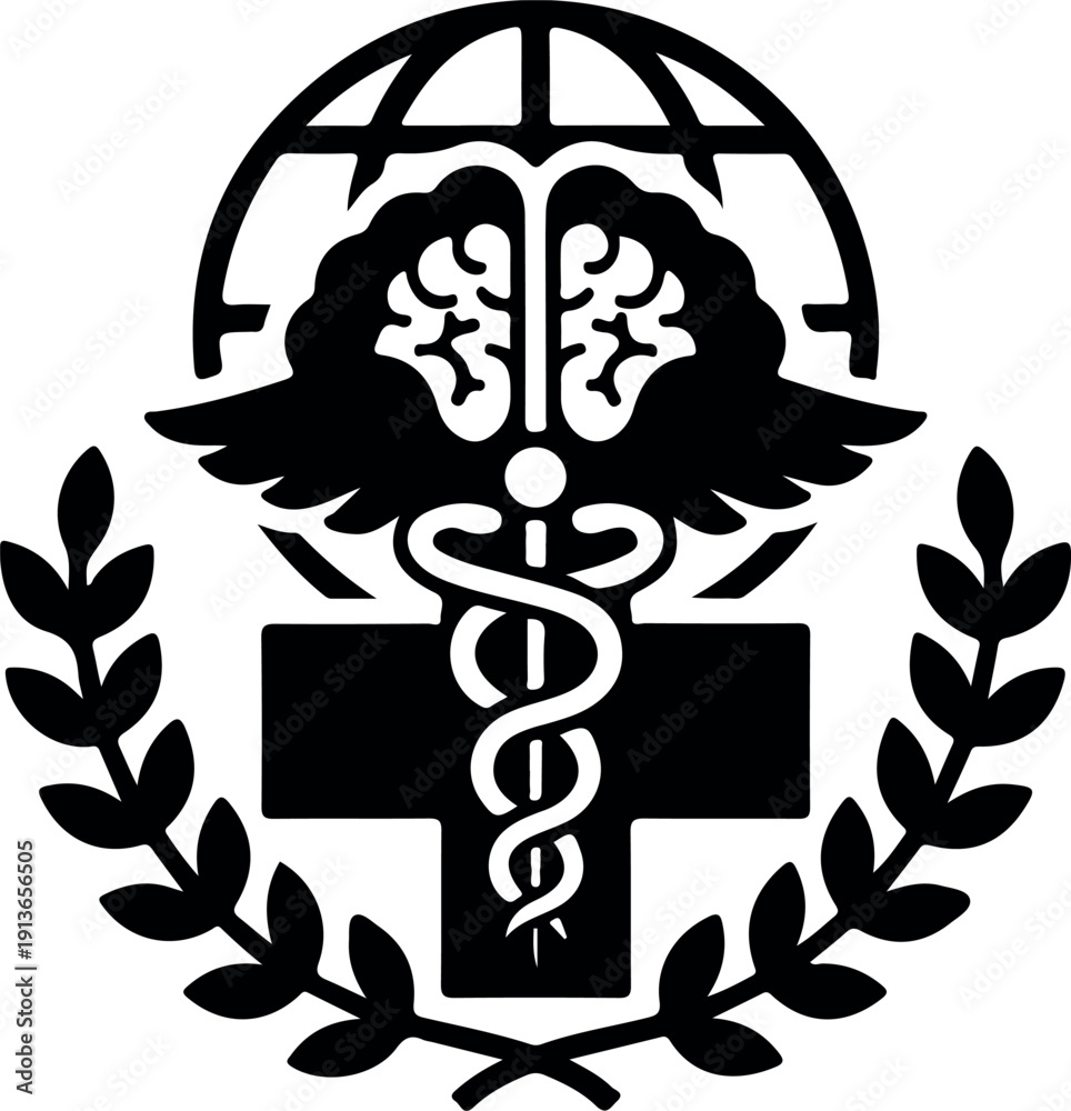 Φωτογραφία Medical healthcare logo with brain and caduceus symbol in black and white minima