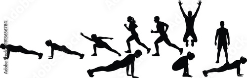 Fitness workout silhouette set of men and women practicing pushups running jumping and stretching exercises for health wellness strength training and athletic vector illustration