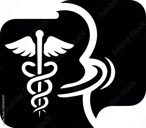 Medical healthcare symbol with caduceus and speech bubble icon isolated on black background vector illustration