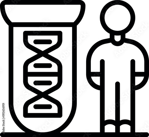 Genetic research is represented by a scientist standing next to a test tube containing a dna double helix