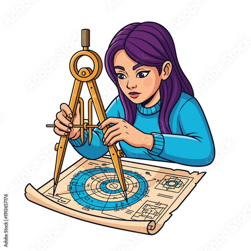 Female Engineer Drafting Blueprint with Drawing Compass. Technical Design and Architecture Illustration.