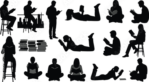 People reading books silhouette set of men and women studying learning and relaxing in various poses for education literacy knowledge and library vector illustration