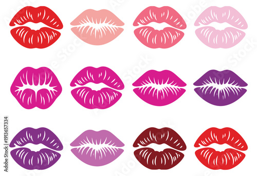 Colorful Lip Prints, vibrant lipstick mark illustrations isolated on white background