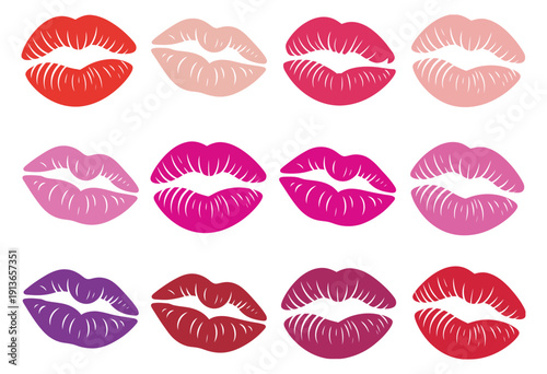 Colorful Lip Prints, vibrant lipstick mark illustrations isolated on white background